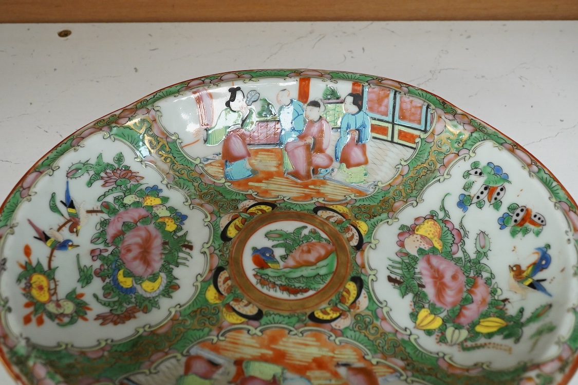 A 19th century Canton dish enamelled with figures and birds, 26cm wide